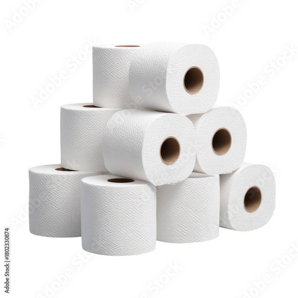 Fototapeta A pyramid-shaped arrangement of clean white toilet paper rolls, stacked high, on a black background