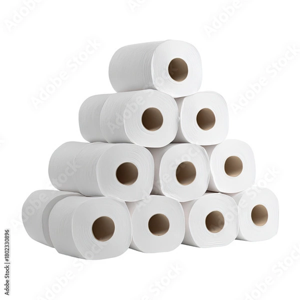 Fototapeta Stack of white toilet paper rolls arranged in a pyramid shape against a transparent background
