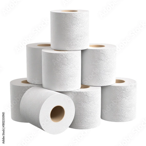 Fototapeta A neat pyramid stack of white paper rolls on a transparent background