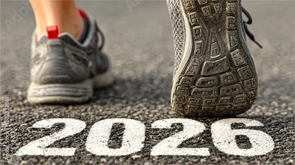 Fototapeta Jogger feet passing 2026 road marking, Walking into 2026 year on asphalt track