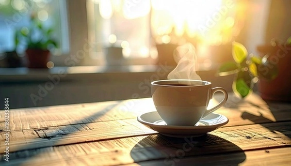 Fototapeta A white cup of hot coffee sits on a saucer on a rustic wooden table, with steam rising into the bright morning sun.