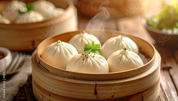 Fototapeta A close-up shot of freshly steamed bao buns arranged in bamboo steamers, emitting wisps of steam, suggesting a warm and inviting culinary experience.