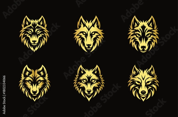 Obraz Set of Golden wolf head, Stylized tribal vector designs perfect for logos, emblems, tattoos, branding, esports graphics