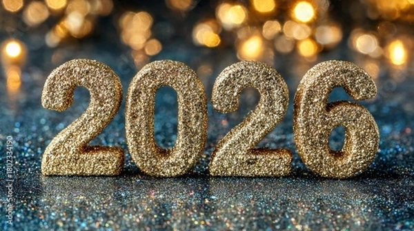 Fototapeta Glitter 2026 digits with warm golden bokeh, Shiny 2026 numbers in festive blurred lights