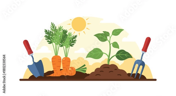 Obraz Gardening scene with carrots, a seedling, and tools under the sun.