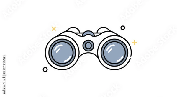 Obraz Flat icon of white binoculars with blue lenses and a gray focus wheel, set against a white background with yellow and black accents.