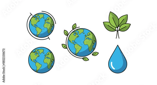 Obraz Collection of icons representing earth, leaves, and water droplets, symbolizing environmental protection and nature.