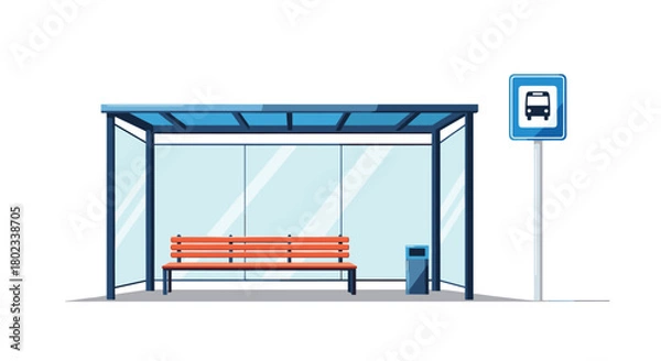 Obraz Illustration of a bus stop shelter with a bench, trash can, and bus stop sign.