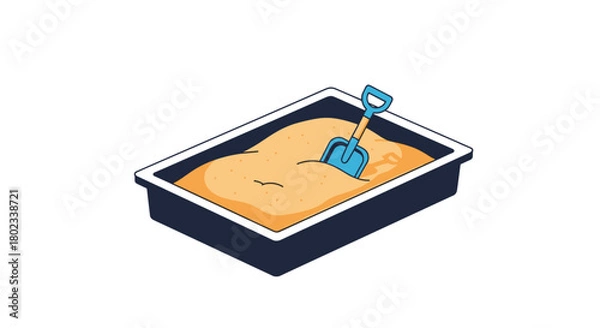 Obraz A blue shovel is stuck in a sandbox filled with light brown sand, ready for play.