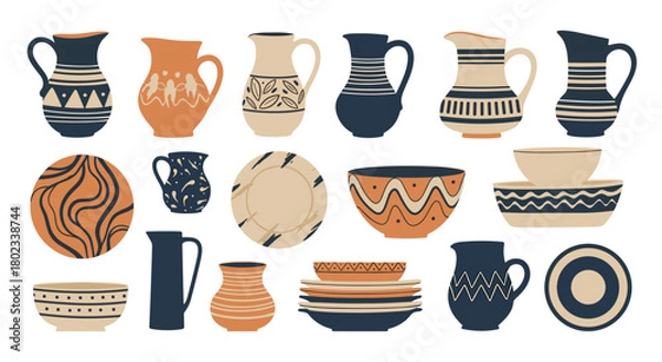 Obraz Collection of decorative pottery including jugs, bowls, and plates with geometric and abstract patterns.