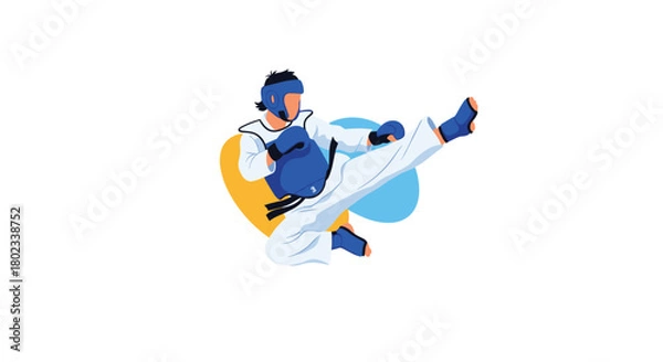 Obraz Martial arts athlete performing a dynamic high kick while wearing protective gear and a uniform.