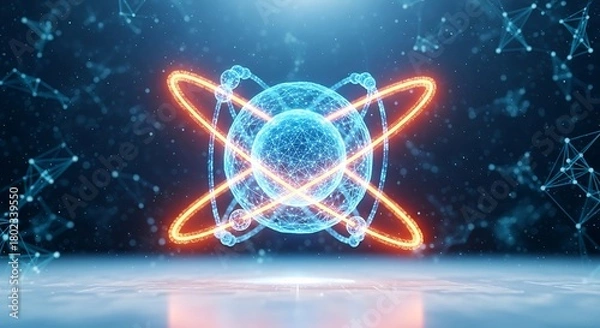 Obraz Abstract glowing atom model with orbiting electrons in a futuristic digital space
