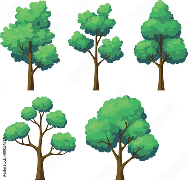 Obraz Collection of five stylized green trees with brown trunks and lush foliage isolated on a white background