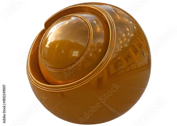 Fototapeta Reflective Golden Sphere with Layered Rings and Building Reflection ball yellow isolated on a transparent background