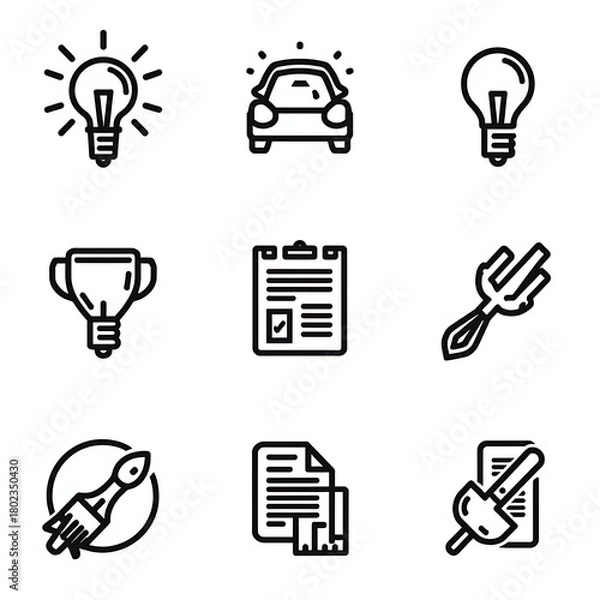 Obraz Set of 9 icons representing ideas, cars, awards, documents, and tools
