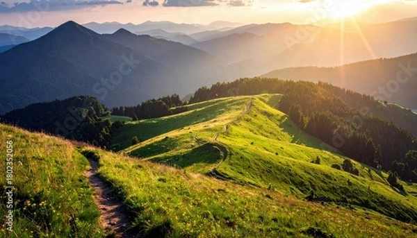 Fototapeta A scenic mountain landscape bathed in the warm glow of the setting sun, featuring lush green hills, a winding dirt path, and layers of distant peaks.
