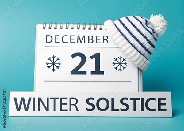Obraz Photo of winter solstice december 21st calendar and a cozy striped winter hat with a pompom, set against a vibrant teal background