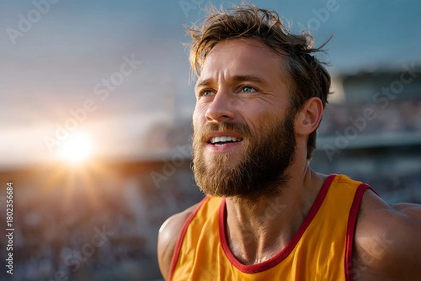 Obraz Focused male athlete with beard wearing yellow sports jersey looks ahead with determination during sunset outdoor event