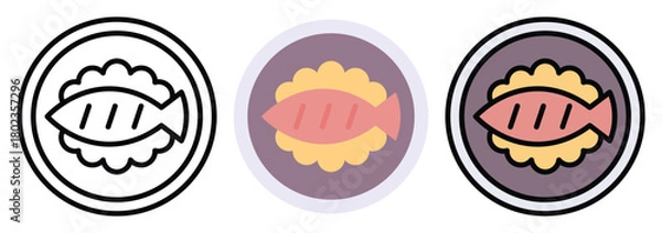 Obraz Fried Fish Icon Set in Outline, Color & Flat Style