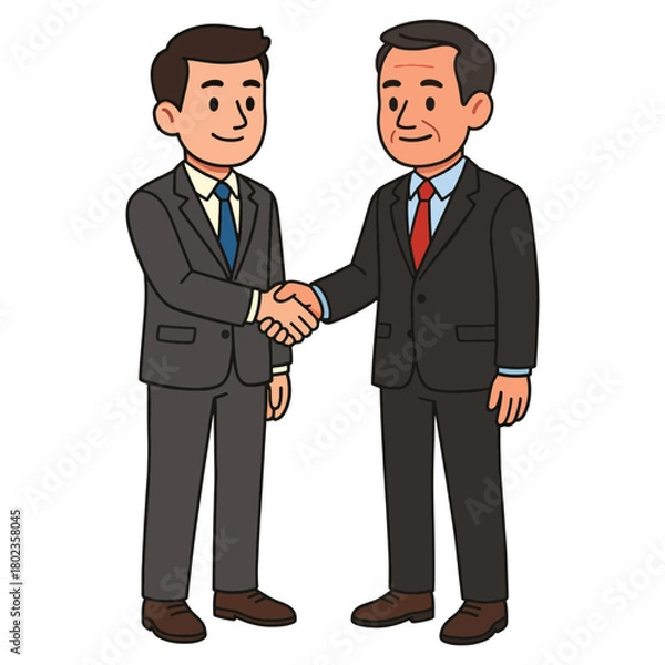 Fototapeta Two cartoon businessmen shaking hands, symbolizing business partnership, agreement, deal, and collaboration.