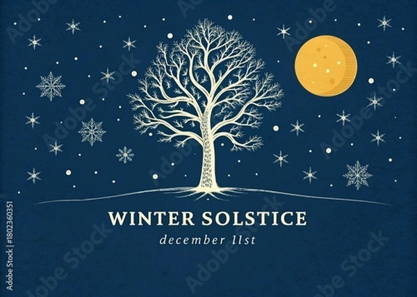 Obraz Photo of a stylized illustration of a bare tree under a starry night sky with snowflakes and a full moon, representing the winter solstice