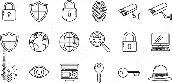 Fototapeta Collection of hand drawn security and protection icons including locks shields cameras fingerprints and keys