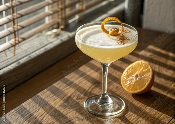 Obraz Photo of a sophisticated yellow cocktail garnished with orange zest and cinnamon, served in a coupe glass, bathed in sunlight by a window