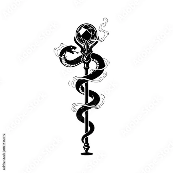 Fototapeta Wizard staff silhouette enchanted scepter with a snake coiling around it isolated on
