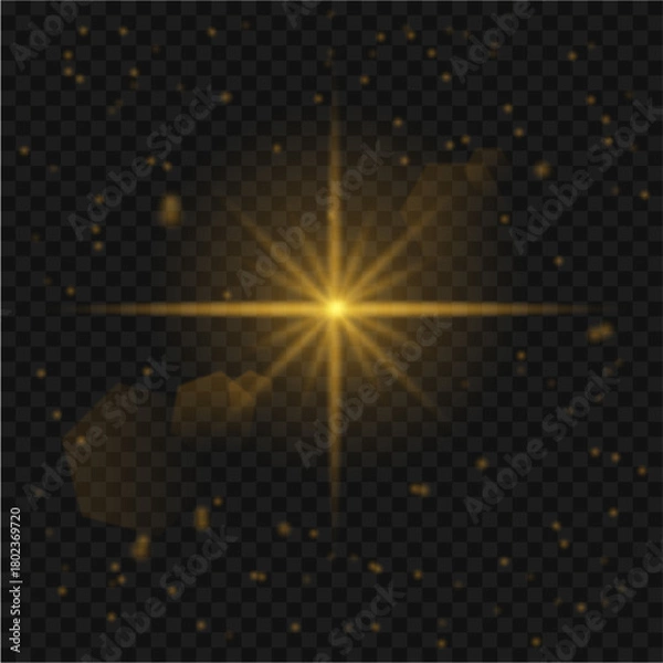 Obraz Golden Star Glow Shining  and Lens Flare Effect Vector on Transparent Background. PNG