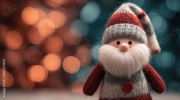 Fototapeta Festive plush gnome with a long, white beard, knitted hat, and sweater. Bokeh lights create a warm background, adding to the holiday ambiance and whimsical charm.
