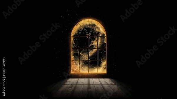 Fototapeta Mystical Aperture: Arched Window Glowing with Golden Dust and Magic