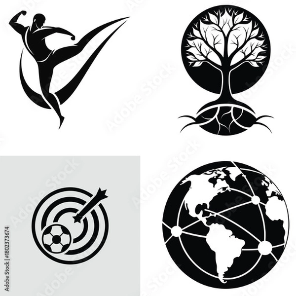 Fototapeta Set of four minimalist logo designs including a soccer player tree with roots target with soccer ball and global network flat vector illustration isolated on white background