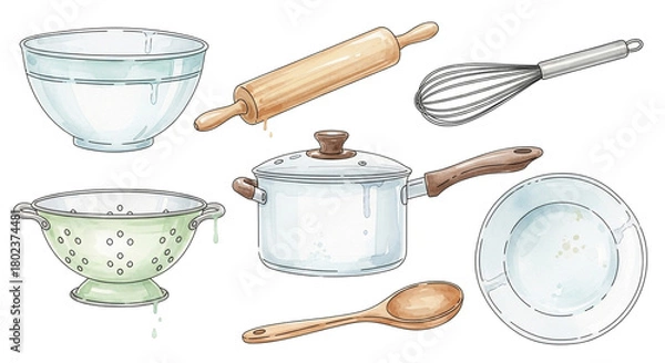 Fototapeta Whimsical watercolor kitchen essentials gather for delightful culinary adventures, inspiring homemade goodness and joyful cooking moments.