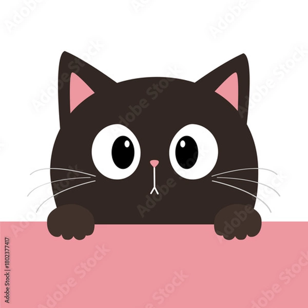 Fototapeta Cat kitty black silhouette holding pink paper. Paws. Cute Peeking kitten. Kawaii cartoon funny baby character. Happy Valentines Day. Childish style. Greeting card. Flat design White background Vector