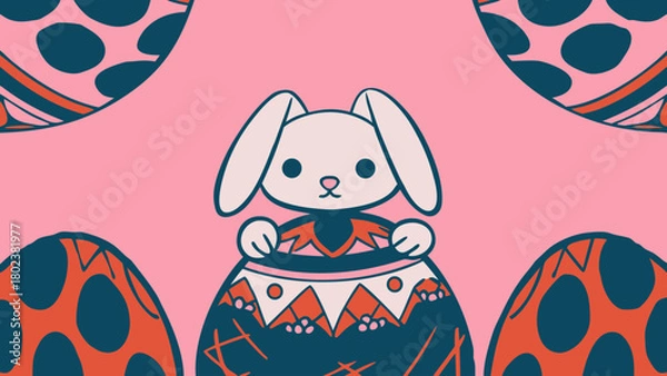 Fototapeta A cartoon bunny in a decorated easter egg with patterned eggs on a pink pastel background view