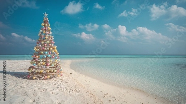 Fototapeta Tropical Christmas: A festive tree stands on a white sand beach next to turquoise ocean waters. A star tops the tree, colorful ornaments sparkle in the sunlight.