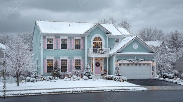 Fototapeta A picturesque two-story house is adorned with holiday cheer, its roof and lawn covered in a pristine blanket of snow. The house's light blue exterior adds a touch of whimsy.