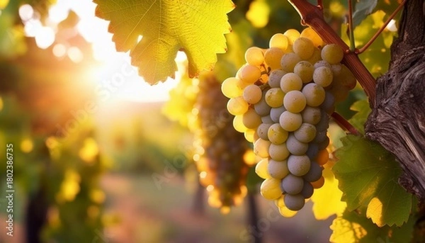 Obraz sunlit bunch of ripening grapes on a vine