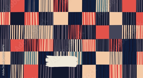 Fototapeta A colorful abstract background featuring a patchwork of vertically striped squares in shades of red, blue, and beige creates a modern, textured aesthetic.