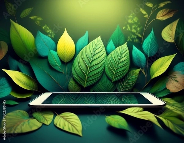 Obraz tablet surrounded by vibrant green leaves a natural digital display