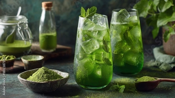 Fototapeta Refreshing green beverage with ice & mint. A vibrant drink displayed with matcha powder, a jar of liquid & plant, highlighting its natural & revitalizing qualities.