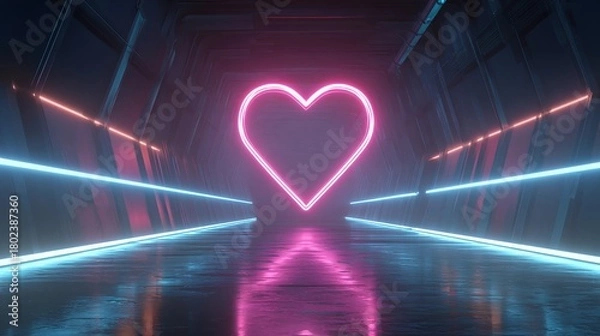 Fototapeta A futuristic tunnel glows with neon lights. A bright pink heart shines at the end, reflected in the wet floor. Light lines illuminate the passage, creating a vibrant, modern scene.