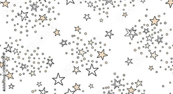 Obraz Delicate starfield pattern with varying sizes and shades of gold and gray stars scattered across a clean white background, creating a whimsical and dreamy aesthetic.