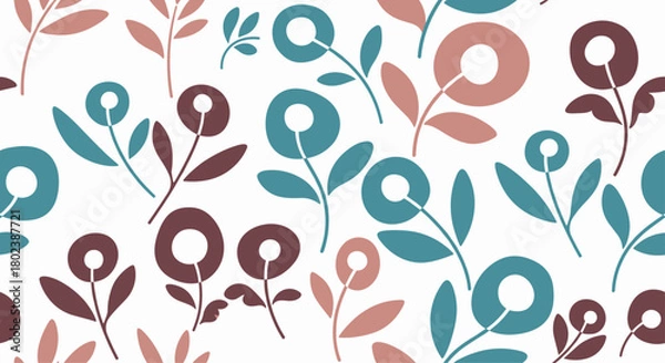 Obraz A seamless floral pattern featuring stylized blooms and leaves in muted shades of teal, burgundy, and dusty rose creates a delicate and modern botanical design.