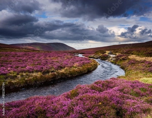 Obraz purple heather moorland with winding stream under dramatic cloudy sky