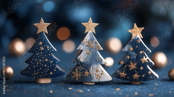 Fototapeta Festive arrangement of three stylized Christmas trees adorned with stars and glittering accents, set against a softly blurred, elegant backdrop, radiating holiday cheer.