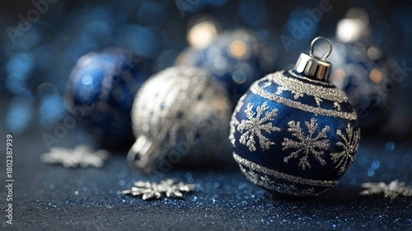 Fototapeta Elegant blue and silver ornaments add sparkle and shine to the festive season. With intricate snowflake patterns and shimmering surfaces, they evoke the magic of winter.