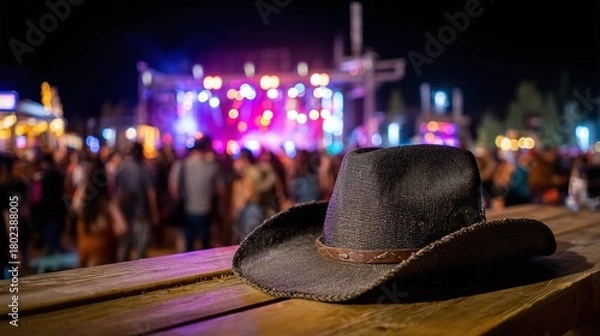 Fototapeta Western vibes at the festival! A cowboy hat sits on a wooden table, the crowd blurred in the background enjoying the music and lights. A night to remember. Yeehaw!