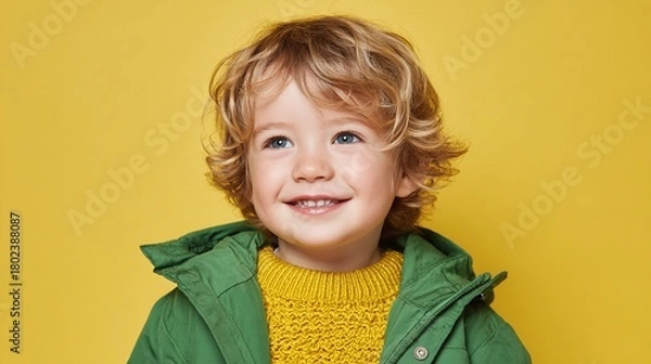Fototapeta Adorable young boy with curly hair, blue eyes, and a bright smile, wearing a green jacket and yellow sweater against a solid yellow background. Innocence and joy.