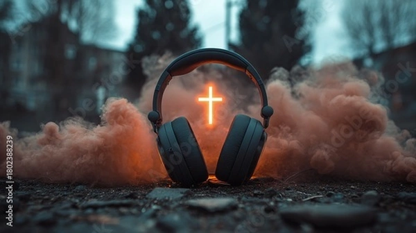 Fototapeta Headphones on rugged terrain, backlit by a cross amidst a cloud of reddish smoke, create a striking contrast of technology, faith, and the raw beauty of the urban outdoors.